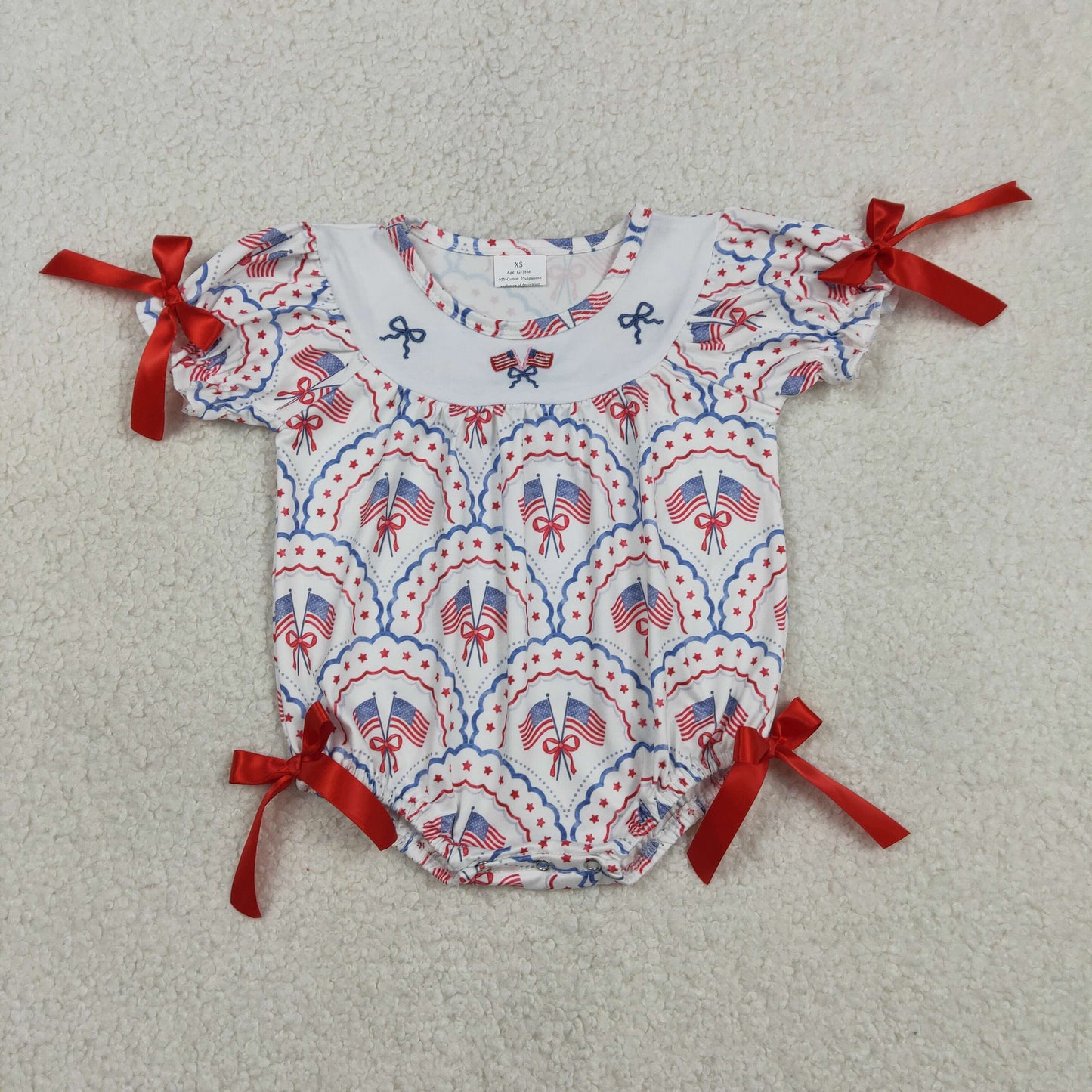 SR3887 Embroidered 4th of July Bows Flag Short Sleeve Girls Bubble Romper 202603 RTS