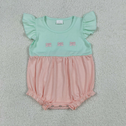 SR3895 Embroidered Bows Pink White Flying Sleeve Girls Bubble Romper 202604 RTS