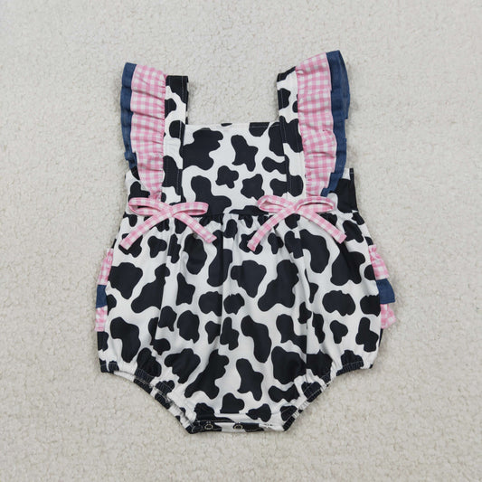 SR3898 Cow Print Pink Plaid Ruffle Flying Sleeve Girls Bubble Romper 202603 RTS