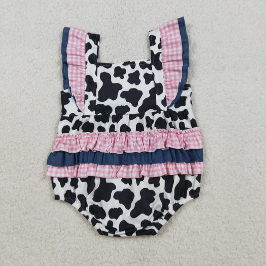 SR3898 Cow Print Pink Plaid Ruffle Flying Sleeve Girls Bubble Romper 202603 RTS