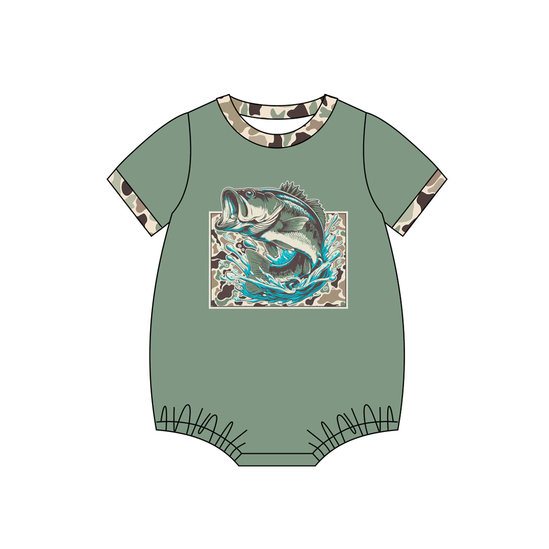 MOQ 5 PCS preorder SR3900 Fish Camouflage Green Short Sleeve Boys Bubble Romper 202601