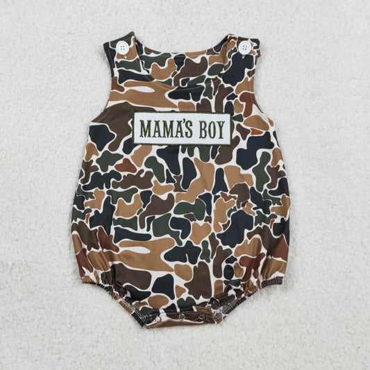 SR3908 Embroidered MAMA'S BOY Brown Green Camouflage Sleeveless Boys Bubble Romper 202602 RTS
