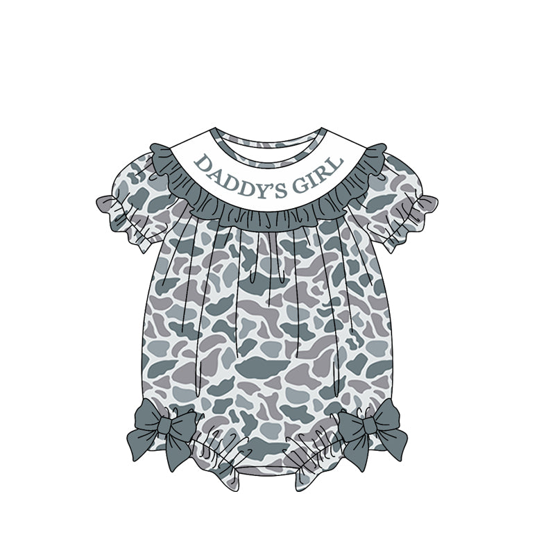 MOQ 5 PCS preorder SR3914 DADDY'S GIRL Ruffle Gray Blue Camouflage Short Sleeve Girls Bubble Romper 202601