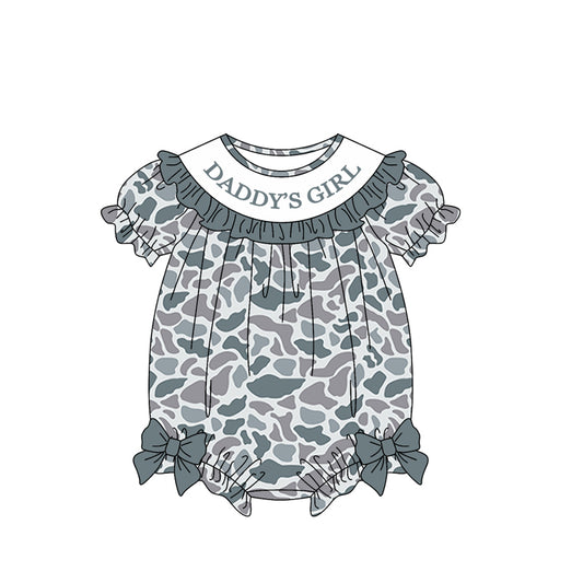 MOQ 5 PCS preorder SR3914 DADDY'S GIRL Ruffle Gray Blue Camouflage Short Sleeve Girls Bubble Romper 202601