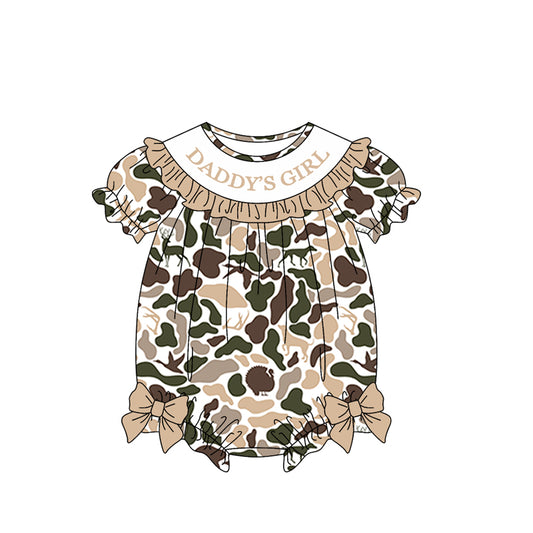 MOQ 5 PCS preorder SR3917 DADDY'S GIRL Ruffle Duck Hunting Beige Green Camouflage Short Sleeve Girls Bubble Romper 202601