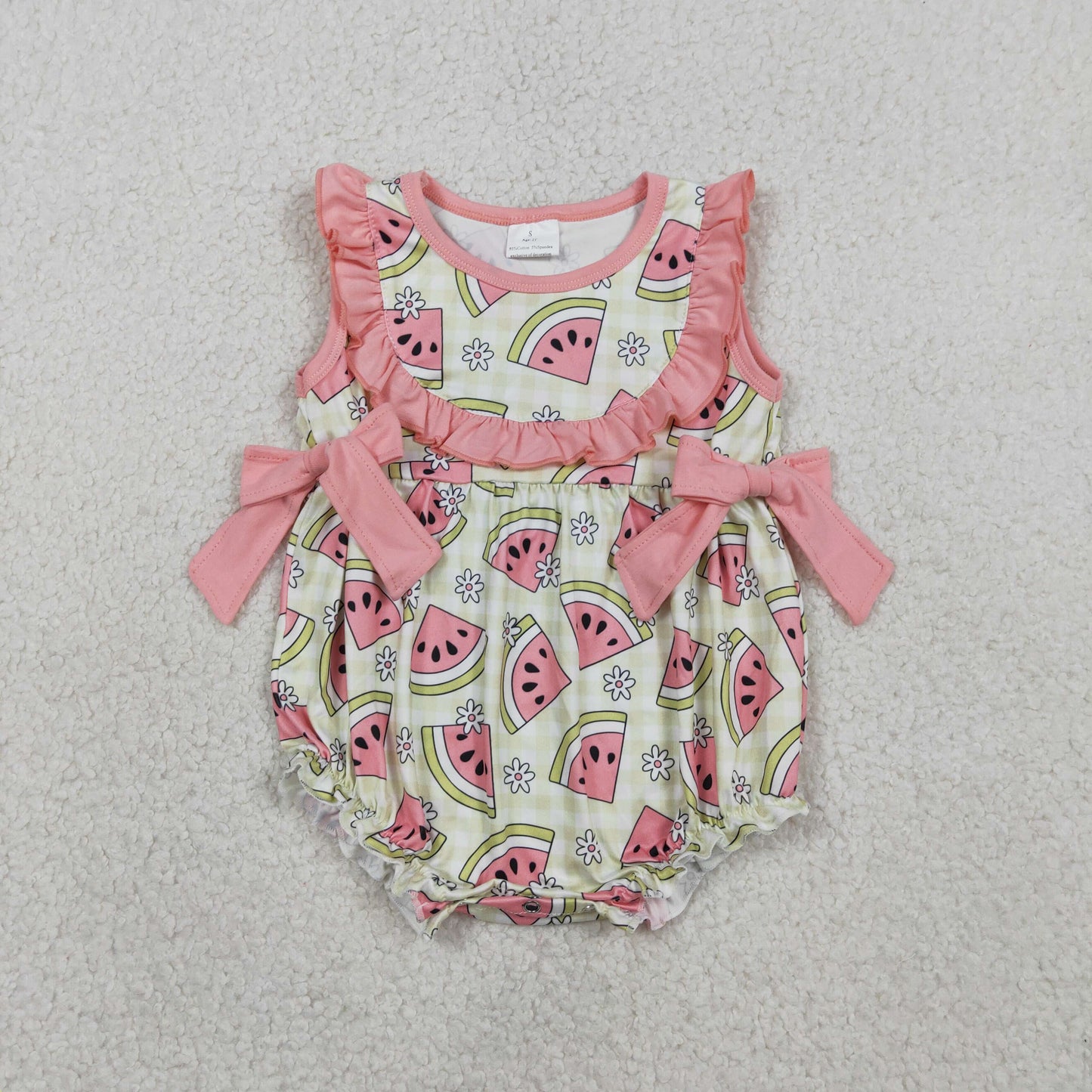 SR3920 Watermelon Flower Plaid Bows Pink Ruffle Sleeveless Girls Bubble Romper 202603 RTS