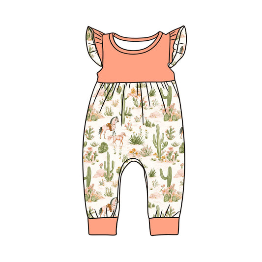 MOQ 5 PCS preorder SR3922 Cowgirl Cactus Horse Riding Pink Flying Sleeve Girls Romper 202601