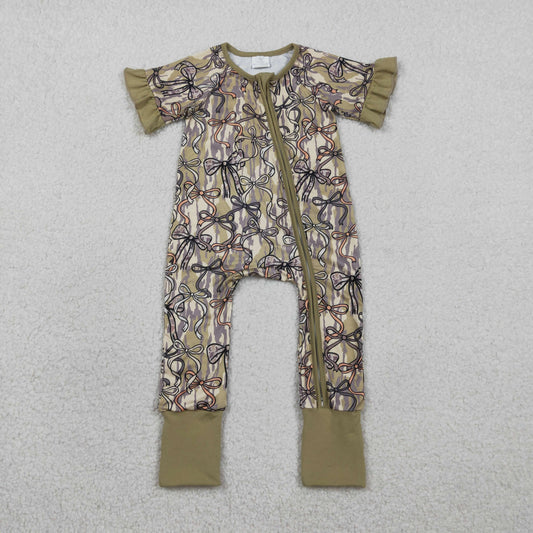 SR3931 Bows Army Green Camouflage Ruffle Zip Short Sleeve Girls Romper 202602 RTS