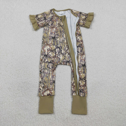 SR3931 Bows Army Green Camouflage Ruffle Zip Short Sleeve Girls Romper 202602 RTS