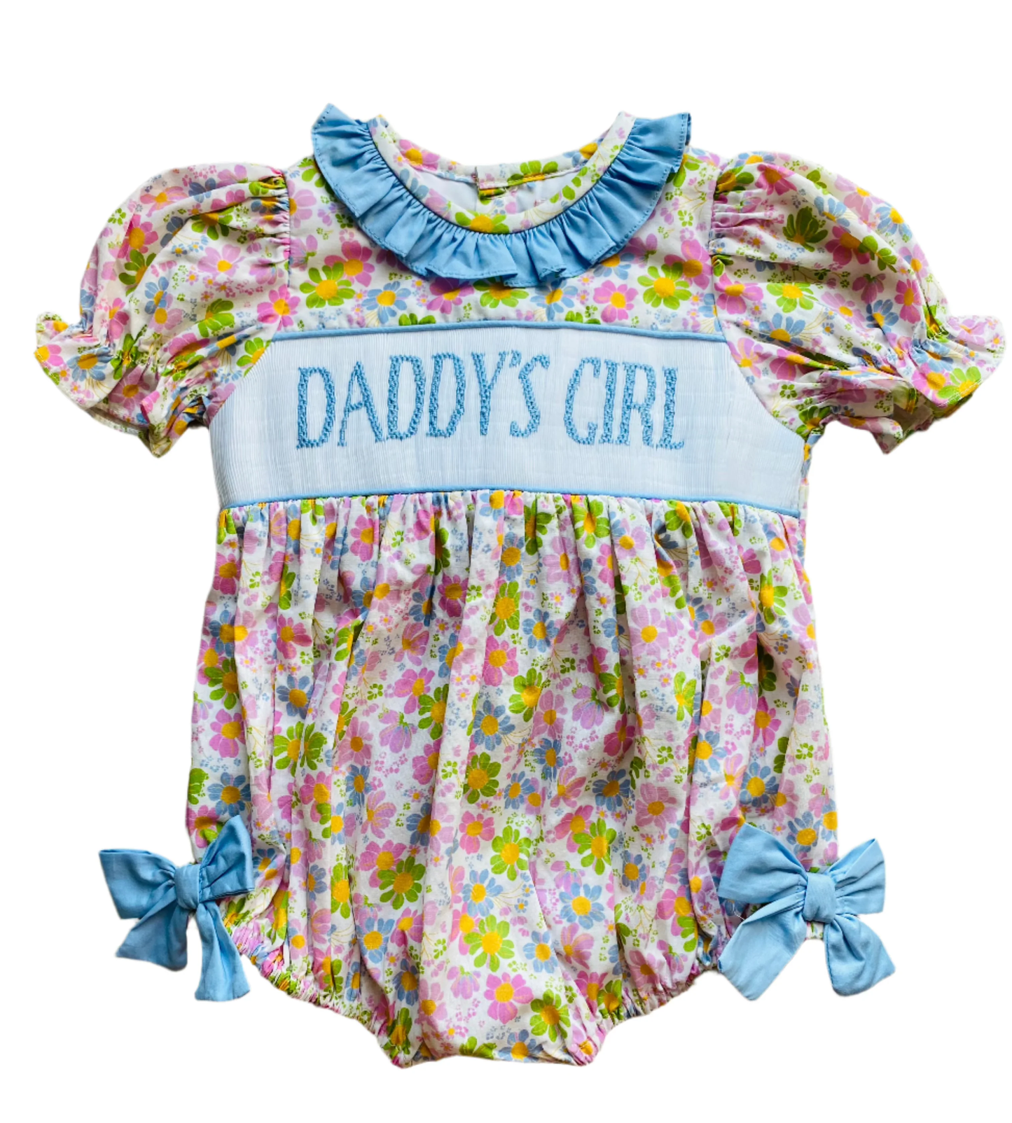 MOQ 5 PCS preorder SR3933 DADDY'S GIRL Flower Blue Ruffle Short Sleeve Girls Bubble Romper 202601