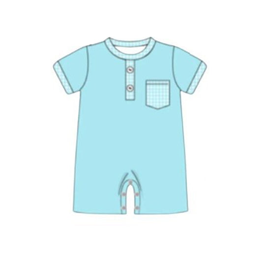 MOQ 5 PCS preorder SR3935 Blue Plaid Pocket Short Sleeve Boys Romper 202601