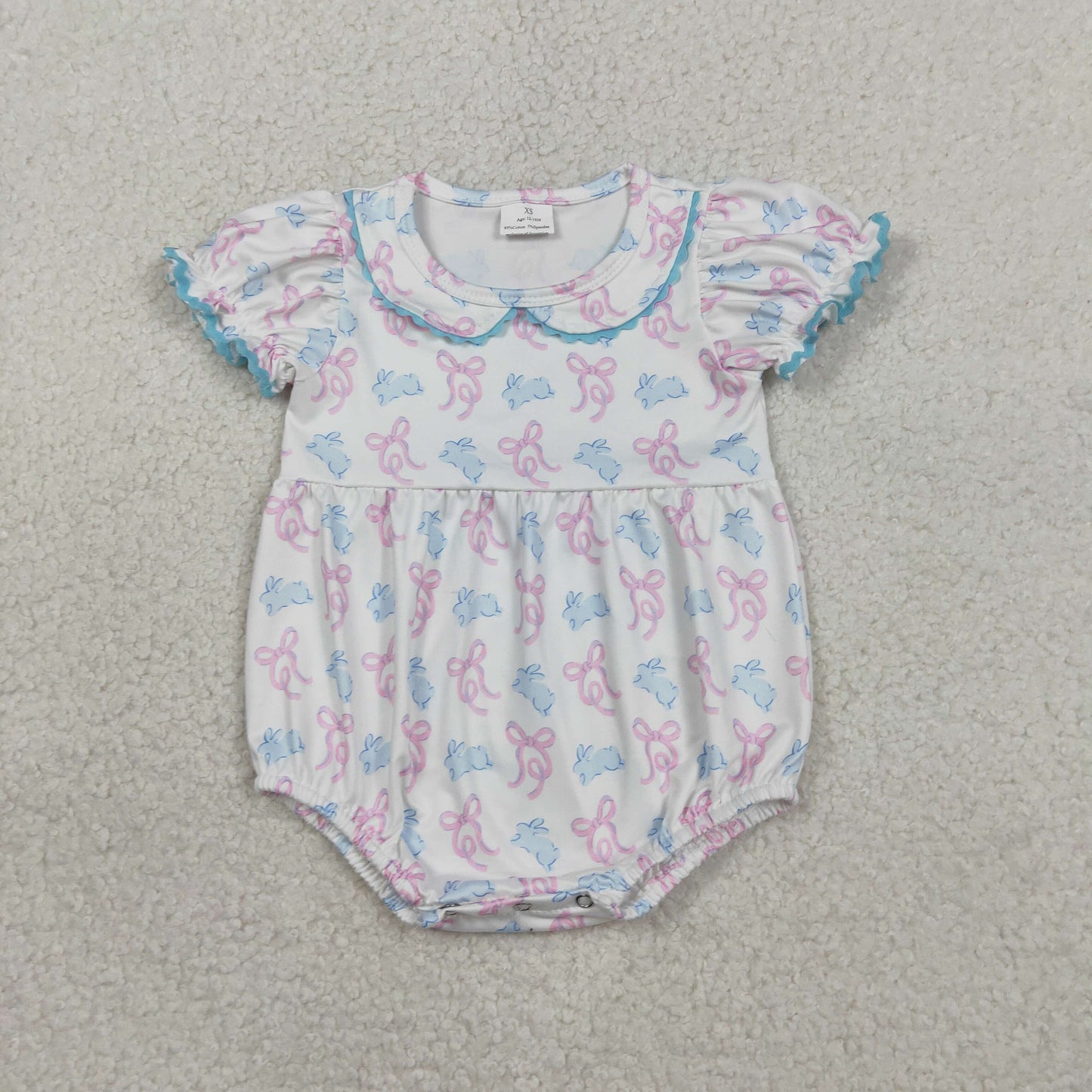 SR3938 Easter Pink Blue Bunny Bows Doll Collar Short Sleeve Girls Bubble Romper 202602 RTS