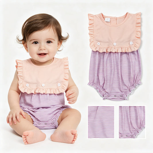 SR3941 Purple Stripe Orange Pink Ruffle Sleeveless Girls Bubble Romper 202604 RTS