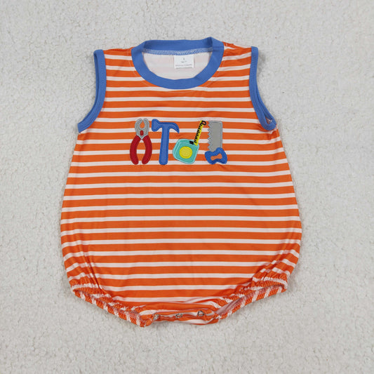 SR3943 Embroidered Wrench Hammer Tools Orange Stripe Sleeveless Boys Bubble Romper 202604 RTS