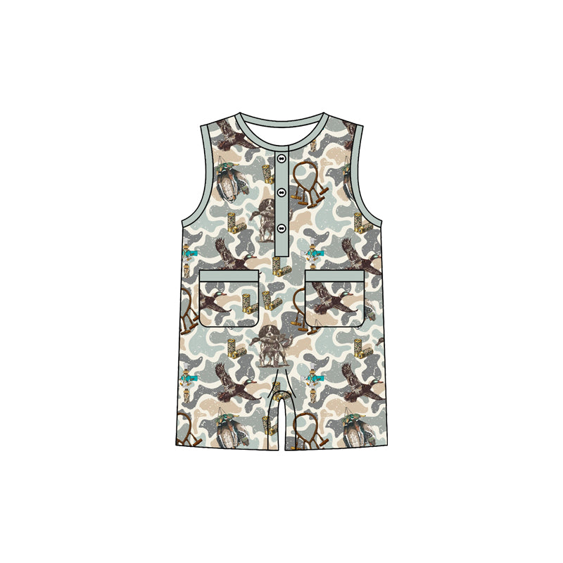 MOQ 5 PCS preorder SR3947 Puppy Duck Hunting Light Gray Green Camouflage Pocket Sleeveless Boys Romper 202601