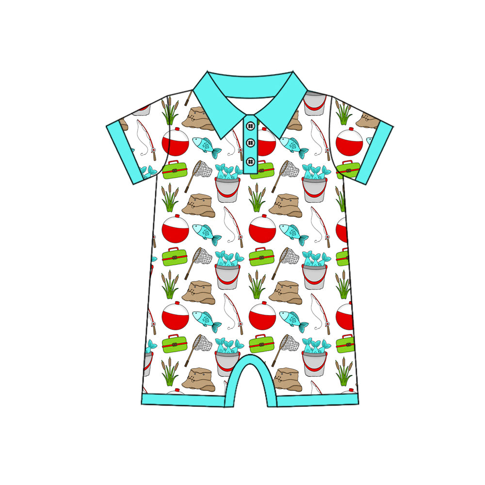 MOQ 5 PCS preorder SR3950 Fishing Pattern Blue Green Polo Short Sleeve Boys Romper 202601