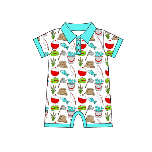 MOQ 5 PCS preorder SR3950 Fishing Pattern Blue Green Polo Short Sleeve Boys Romper 202601