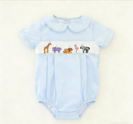 MOQ 5 PCS preorder SR3952 Giraffe Elephant Lion Animal Blue Doll Collar Short Sleeve Boys Bubble Romper 202601