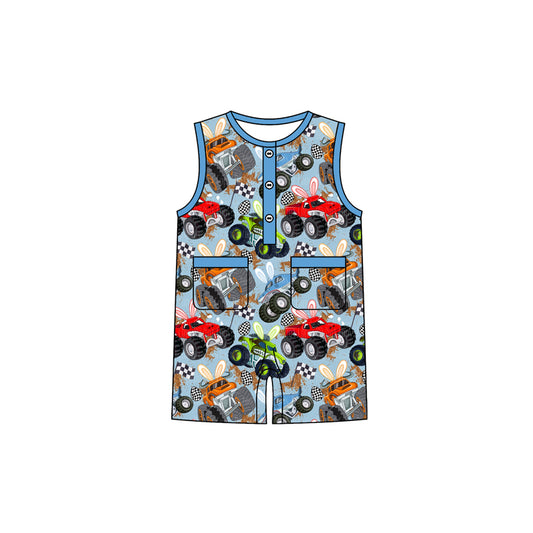 MOQ 5 PCS preorder SR3954 Easter Bunny Ears Off-Road Vehicle Blue Zipper Sleeveless Boys Romper 202601