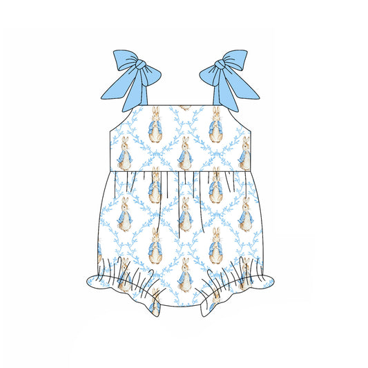 MOQ 5 PCS preorder SR3955 Easter Bunny Flower Blue White Sleeveless Girls Bubble Romper 202601