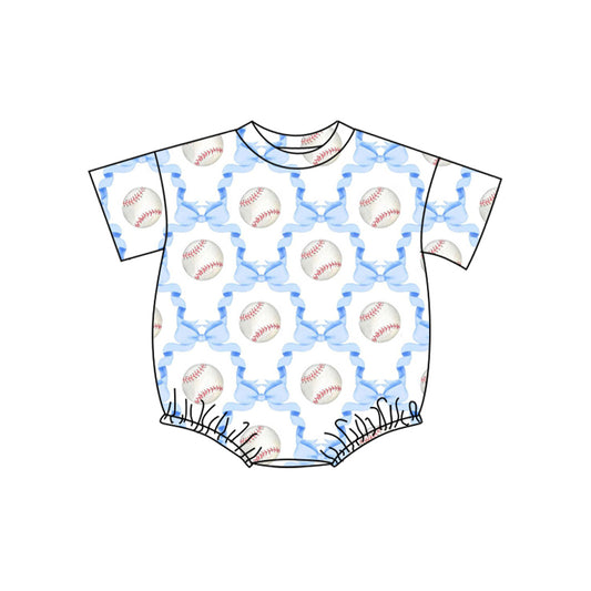 MOQ 5 PCS preorder SR3962 Baseball Blue Bows Short Sleeve Bubble Romper 202601