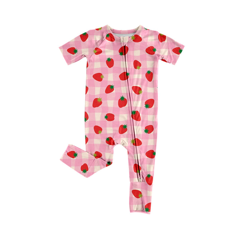 MOQ 5 PCS preorder SR3963 Strawberry Plaid Pink Zip Short Sleeve Girls Romper 202601