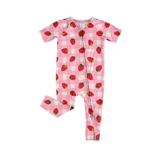 MOQ 5 PCS preorder SR3963 Strawberry Plaid Pink Zip Short Sleeve Girls Romper 202601