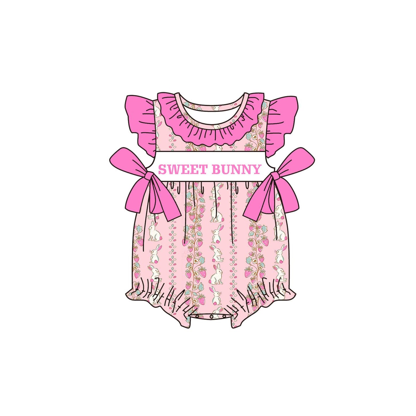 MOQ 5 PCS preorder SR3969 Easter Sweet Bunny Flower Ruffle Bows Rose Red Flying Sleeve Girls Bubble Romper 202601