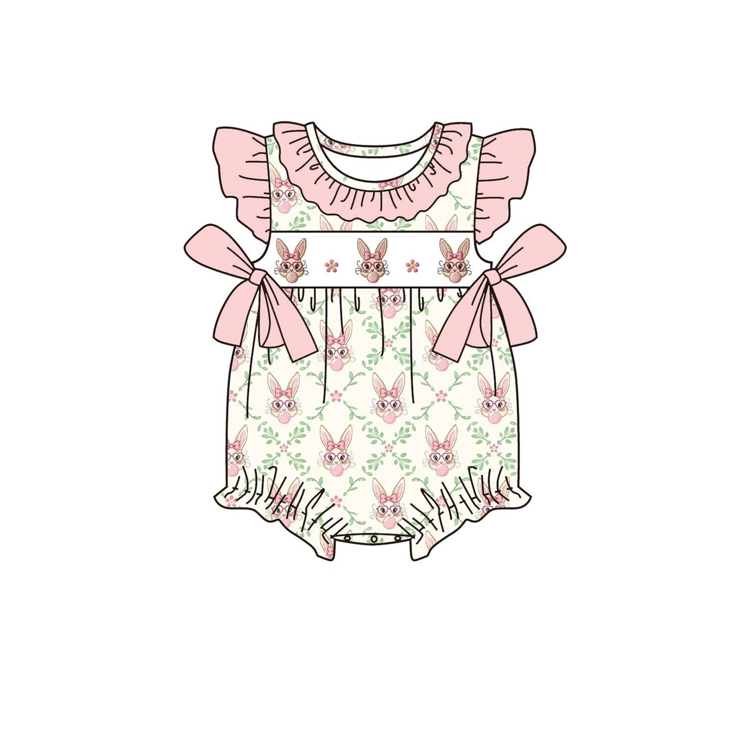 MOQ 5 PCS preorder SR3970 Easter Bunny Flower Leaf Ruffle Bows Pink Flying Sleeve Girls Bubble Romper 202601