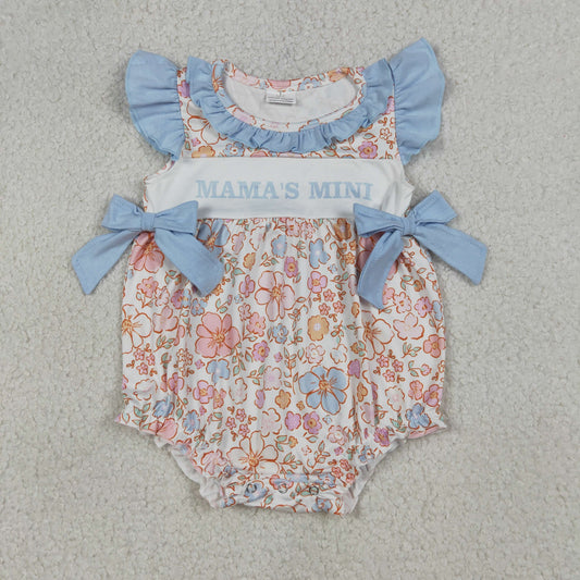 SR3973 MAMA‘S MINI Flower Blue Purple Ruffle Bows Flying Sleeve Girls Bubble Romper 202604 RTS