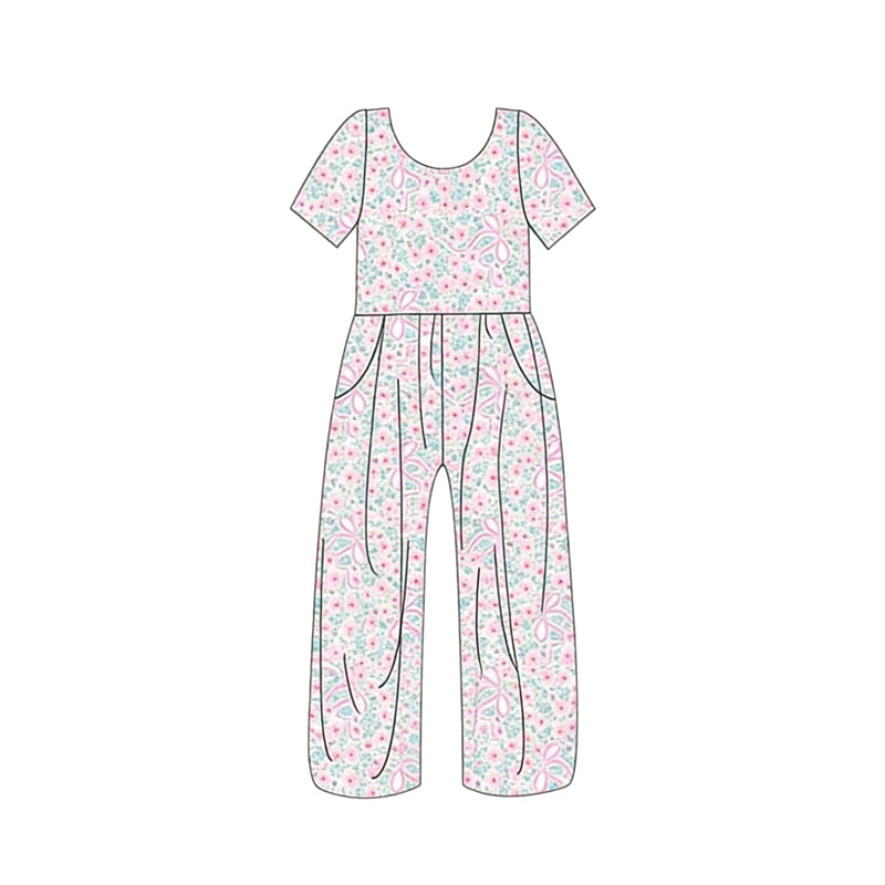 MOQ 5 PCS Preorder SR3975 Floral Pink Bows Short Sleeve Girls Overalls Jumpsuits 202601