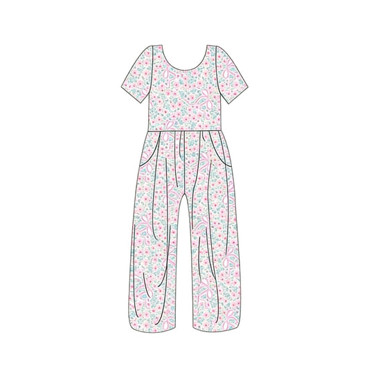 MOQ 5 PCS Preorder SR3975 Floral Pink Bows Short Sleeve Girls Overalls Jumpsuits 202601