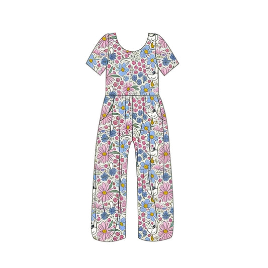 MOQ 5 PCS Preorder SR3976 Pink Blue Flower Short Sleeve Girls Overalls Jumpsuits 202601