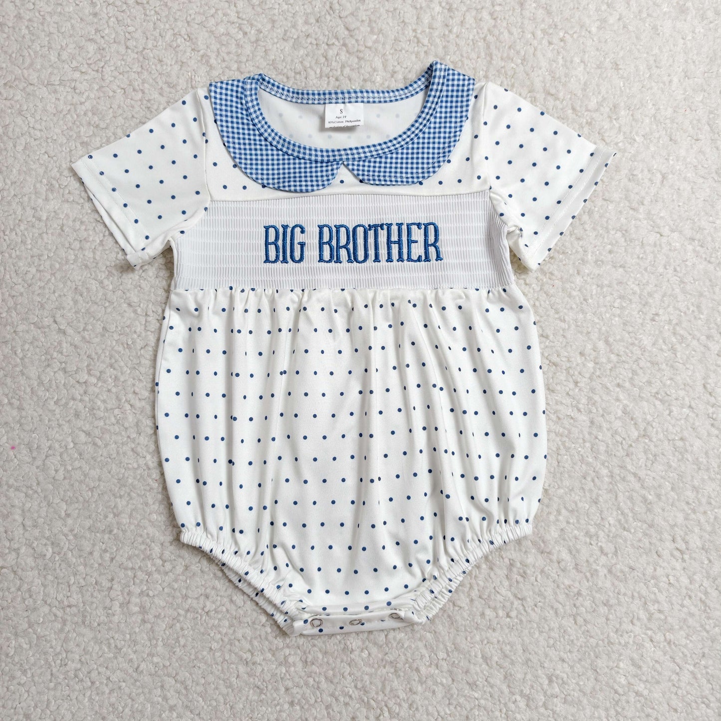 SR3980 Smocked Big Brother Dots Doll Collar Beige Short Sleeve Boys Bubble Romper 202606 RTS