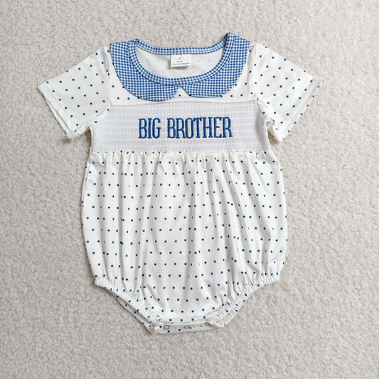 SR3980 Smocked Big Brother Dots Doll Collar Beige Short Sleeve Boys Bubble Romper 202606 RTS
