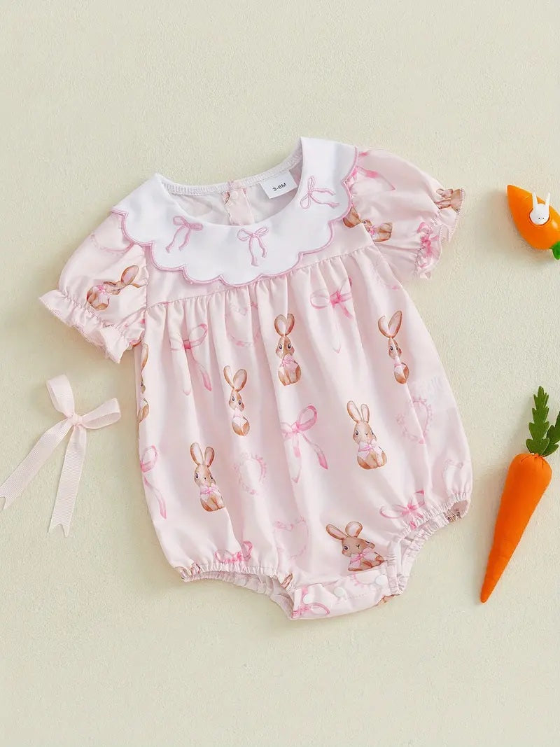MOQ 5 PCS preorder SR3984 Easter Bunny Pink Bows Short Sleeve Girls Bubble Romper 202601