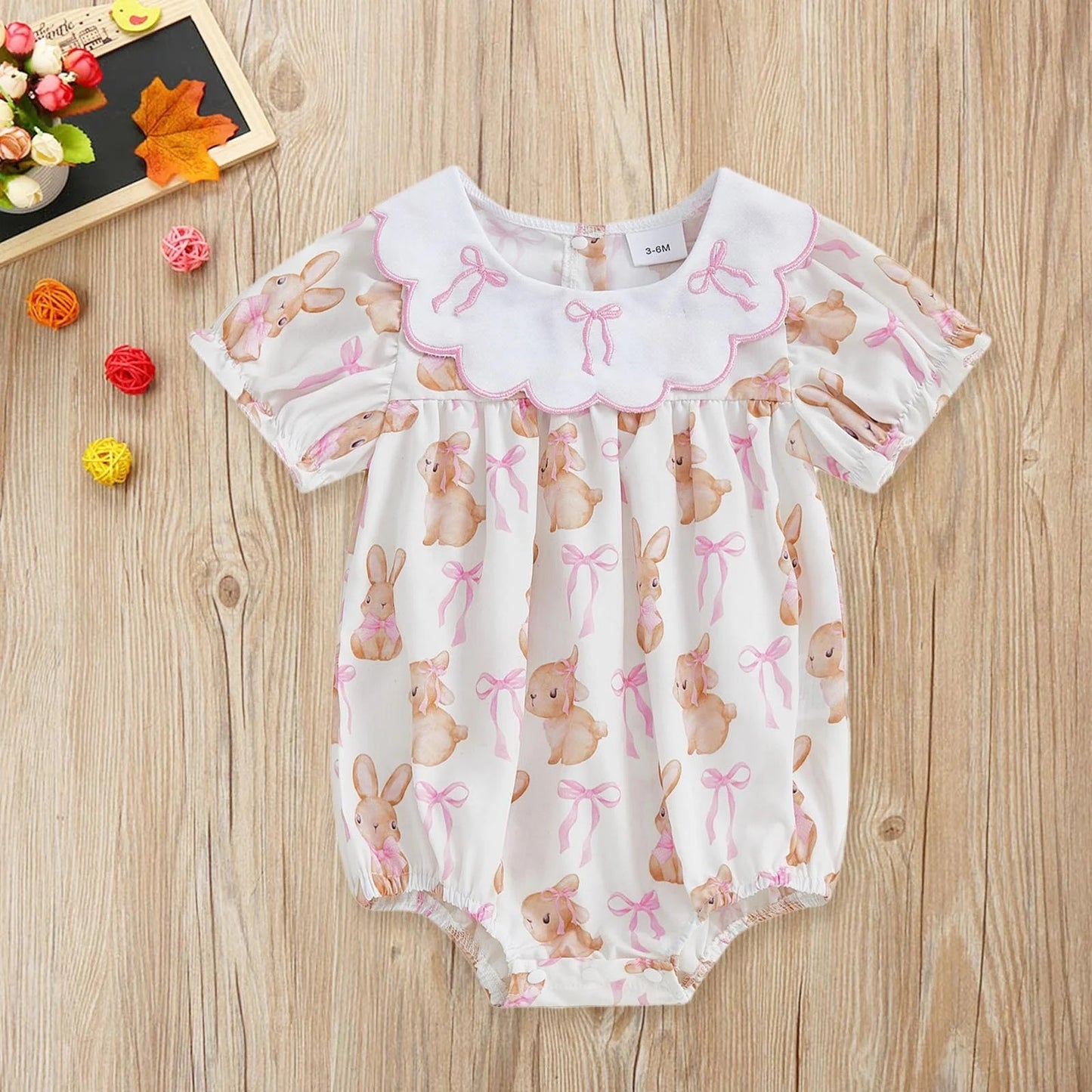 MOQ 5 PCS preorder SR3985 Easter Bunny Pink Bows White Short Sleeve Girls Bubble Romper 202601