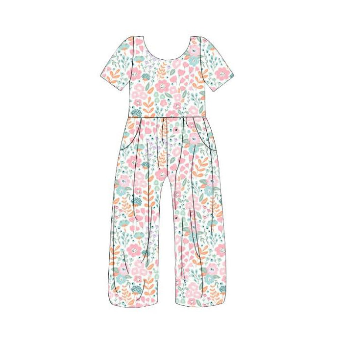 MOQ 5 PCS Preorder SR3987 Flower Leaf Short Sleeve Girls Overalls Jumpsuits 202601