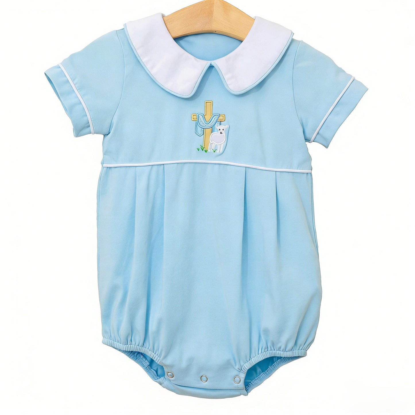MOQ 5 PCS preorder SR4000 Easter Cross Lamb Doll Collar Blue Short Sleeve Boys Bubble Romper 202601