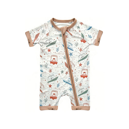 MOQ 5 PCS preorder SR4003 Small Boat Starfish Coral Light Brown Zipper Short Sleeve Boys Romper 202601