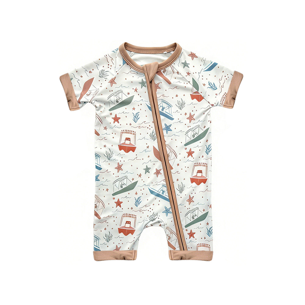 MOQ 5 PCS preorder SR4003 Small Boat Starfish Coral Light Brown Zipper Short Sleeve Boys Romper 202601
