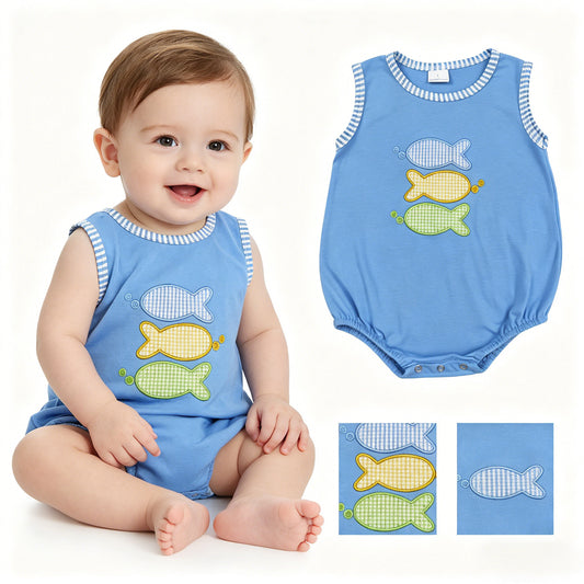 SR4005 Embroidered Fishing Pattern Blue Sleeveless Boys Bubble Romper 202605 RTS