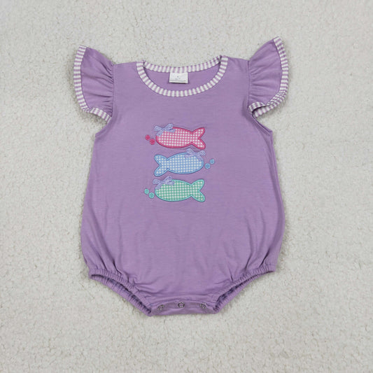SR4006 Embroidered Fishing Pattern Purple Flying Sleeve Girls Bubble Romper 202604 RTS