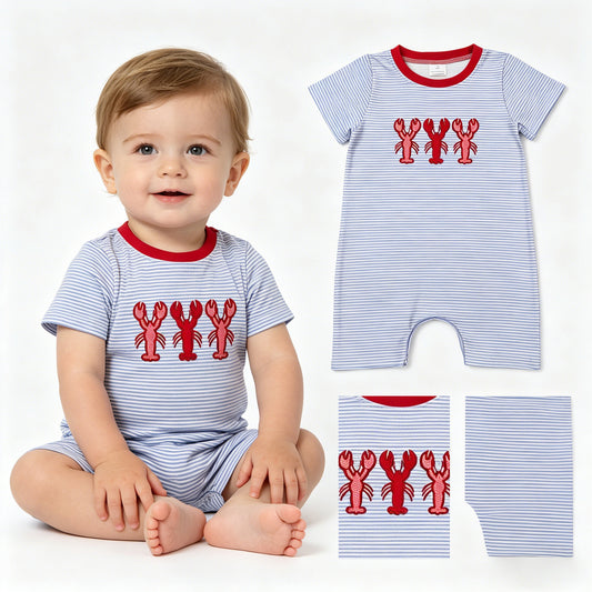 SR4007 Embroidered Crayfish Pattern Blue Purple Stripe Short Sleeve Boys Romper 202605 RTS