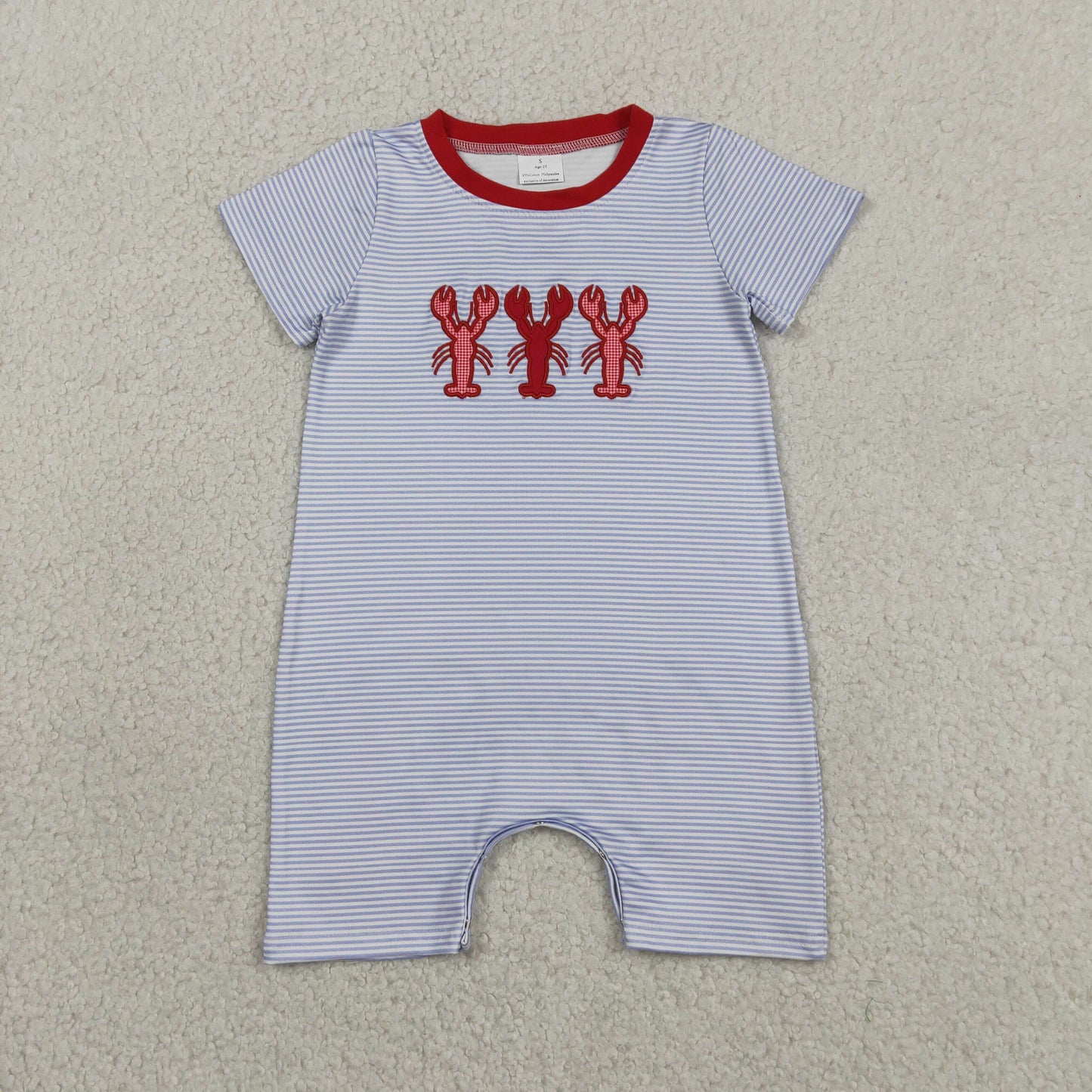 SR4007 Embroidered Crayfish Pattern Blue Purple Stripe Short Sleeve Boys Romper 202605 RTS