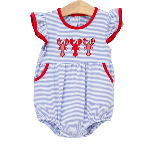 MOQ 5 PCS preorder SR4008 Crayfish Pattern Blue Purple Stripe Red Flying Sleeve Girls Bubble Romper 202601