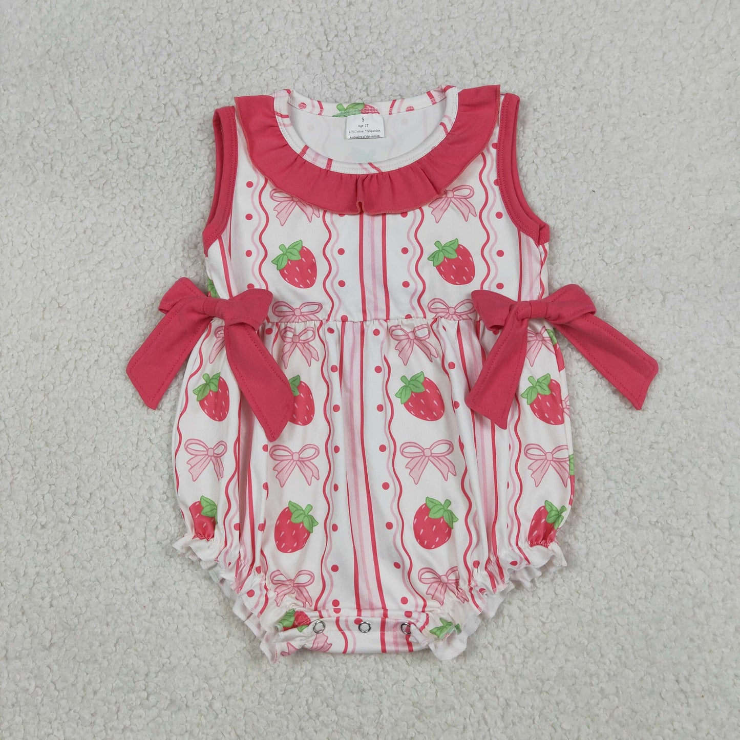 SR4011 Strawberry Pink Bows Ruffle Sleeveless Girls Bubble Romper 202604 RTS