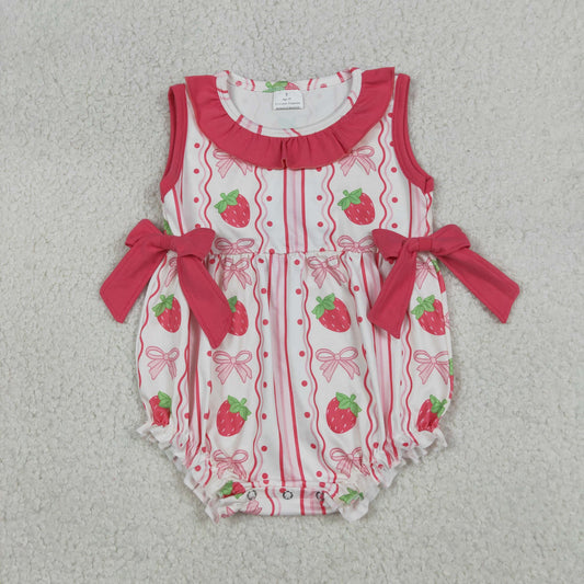 SR4011 Strawberry Pink Bows Ruffle Sleeveless Girls Bubble Romper 202604 RTS