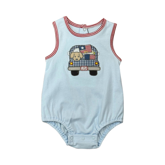 MOQ 5 PCS preorder SR4016 4th of July Puppy Flag Car Blue Sleeveless Boys Bubble Romper 202601