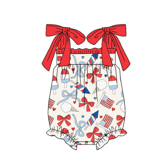 MOQ 5 PCS preorder SR4028 4th of July Ice Cream Love Bows Red Ruffle Sleeveless Girls Bubble Romper 202601